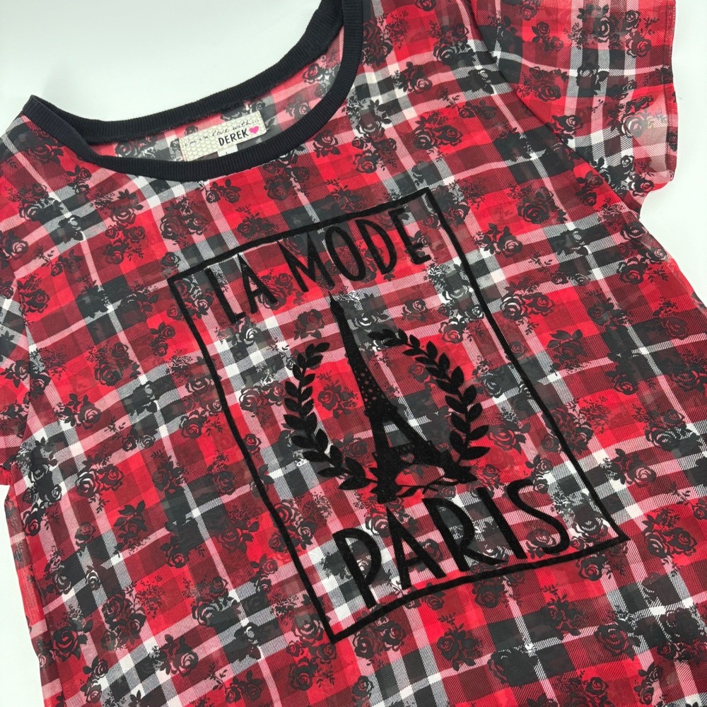 Derek La Mode‎ Paris Eiffel Tower Plaid Sheer Mesh Top Blouse Size L Layering